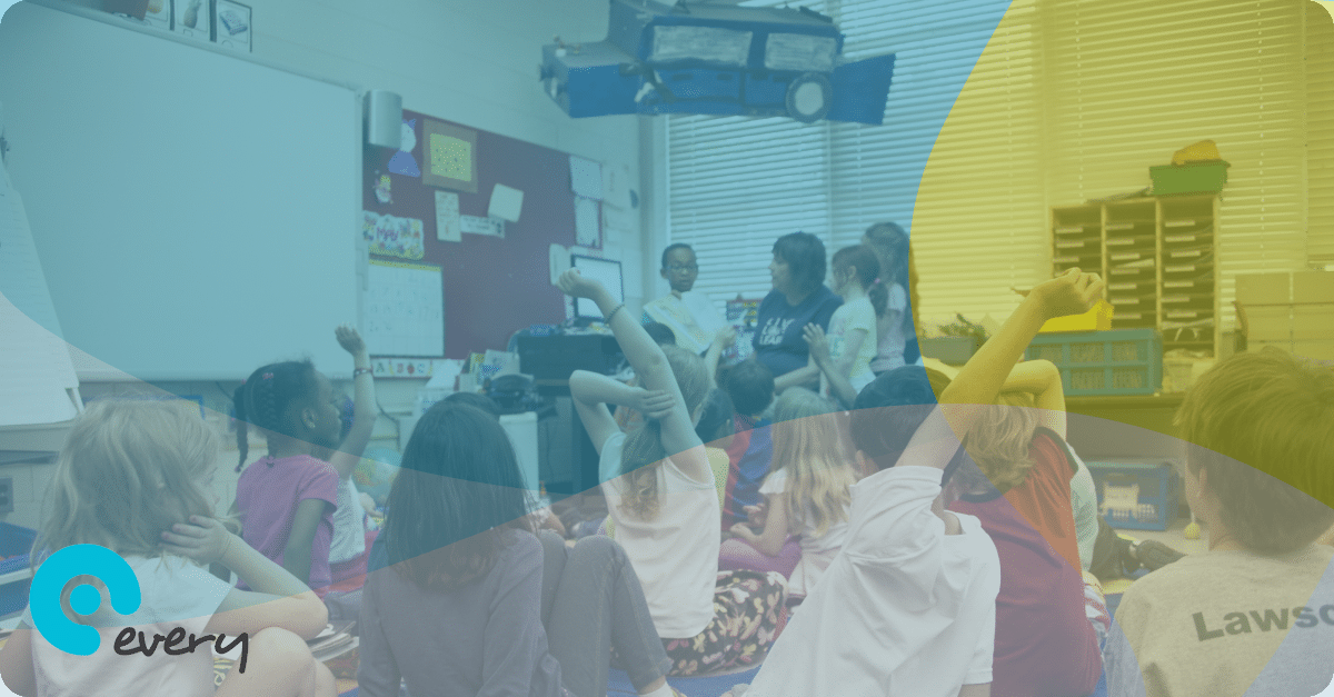 Classroom with group of students sitting on the floor facing away from the camera and looking at their teacher